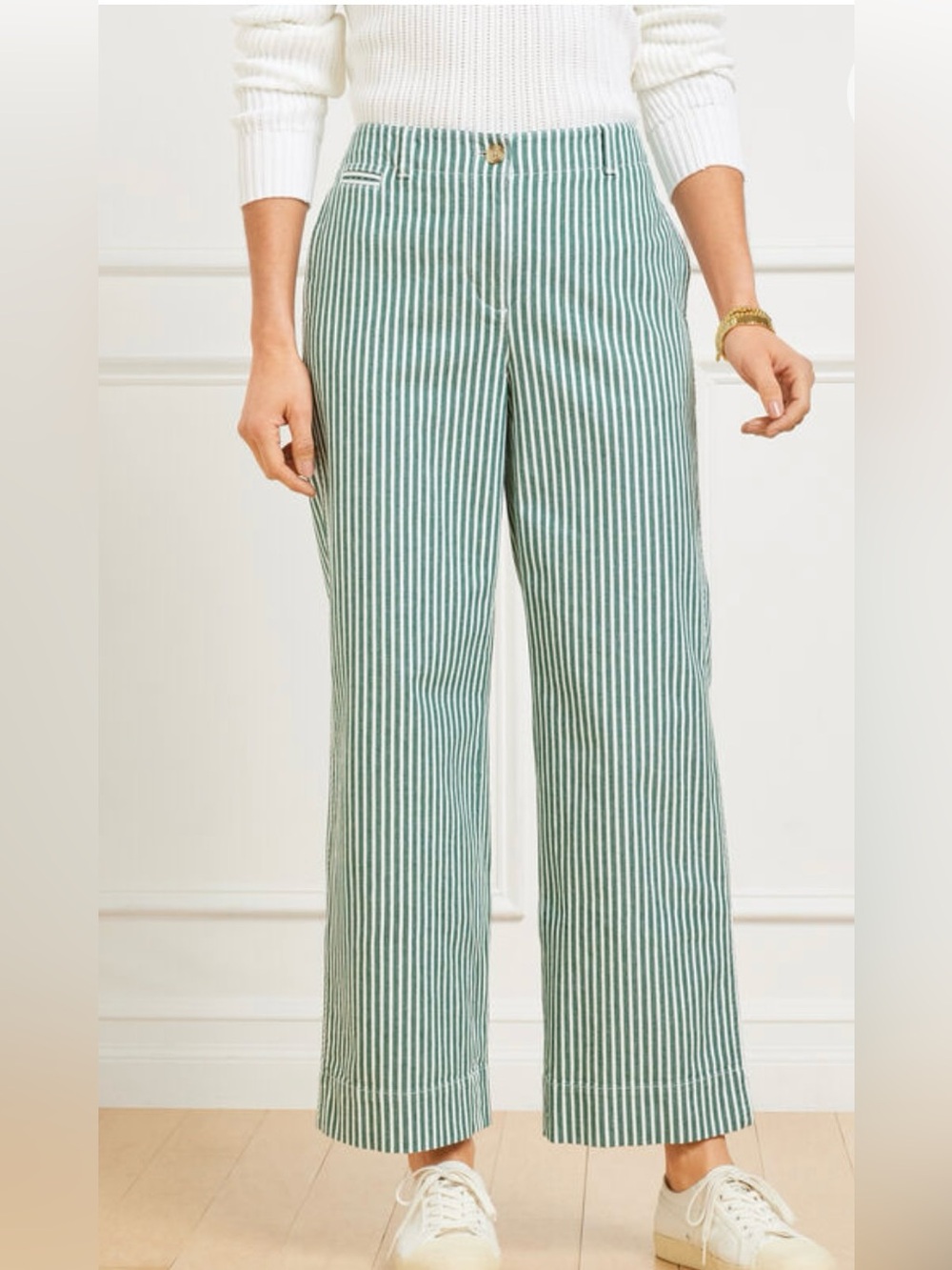 Talbots Women’s Wide Ankle Twill Pants Green Stripes Sz 12P 98% Cotton